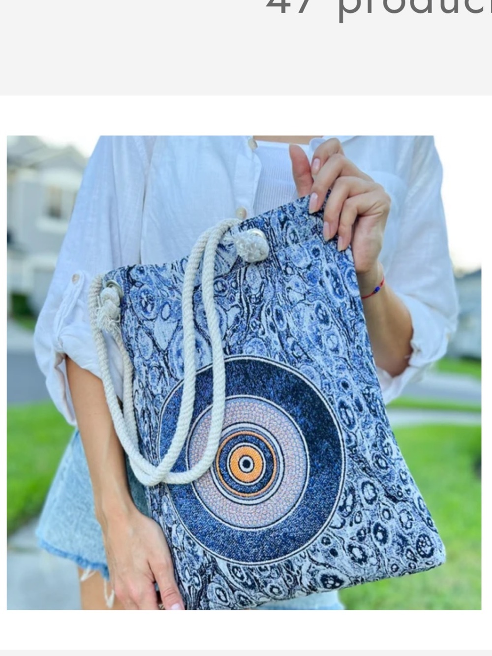 Boho Blue Evil Eye Patterned Tote Bag with Rope Handle